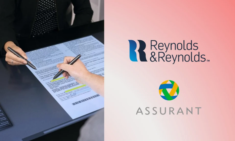 A customer signs documents on a digital e-contracting tablet using a stylus while a dealership employee points to the screen, alongside the Reynolds and Reynolds and Assurant logos.