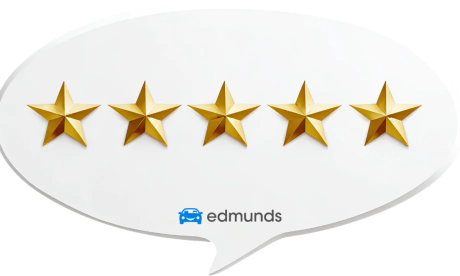 five gold stars on a speech bubble with Edmunds logo on the bottom
