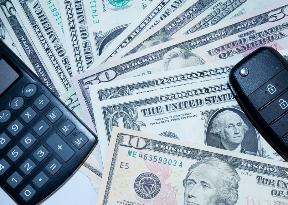 Paper money, car key fob and calculator